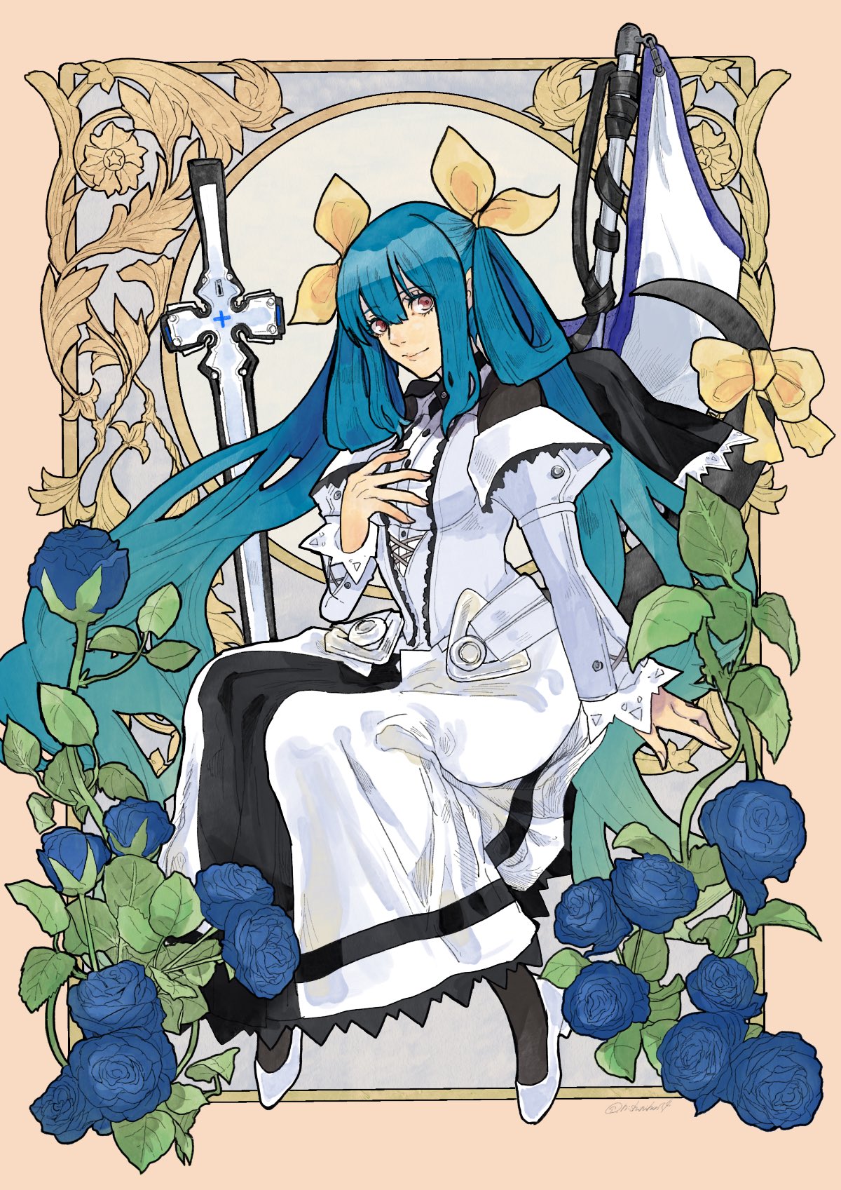 1girl art_nouveau blue_flower blue_hair blue_rose bow breasts detached_sleeves dizzy_(guilty_gear) dress flag flower guilty_gear guilty_gear_xrd hair_ribbon hair_rings highres large_breasts long_hair long_sleeves looking_at_viewer monster_girl nishimoto red_eyes ribbon rose sitting smile tail tail_bow tail_ornament tail_ribbon thunderseal white_dress white_footwear white_sleeves yellow_ribbon