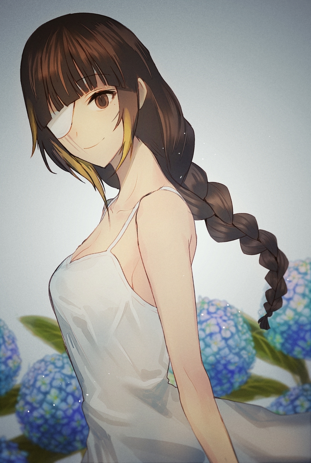 1girl breasts brown_eyes brown_hair closed_mouth eyepatch flower girls_frontline highres long_hair looking_at_viewer m16a1_(girls'_frontline) scar shirt smile white_shirt xanax025