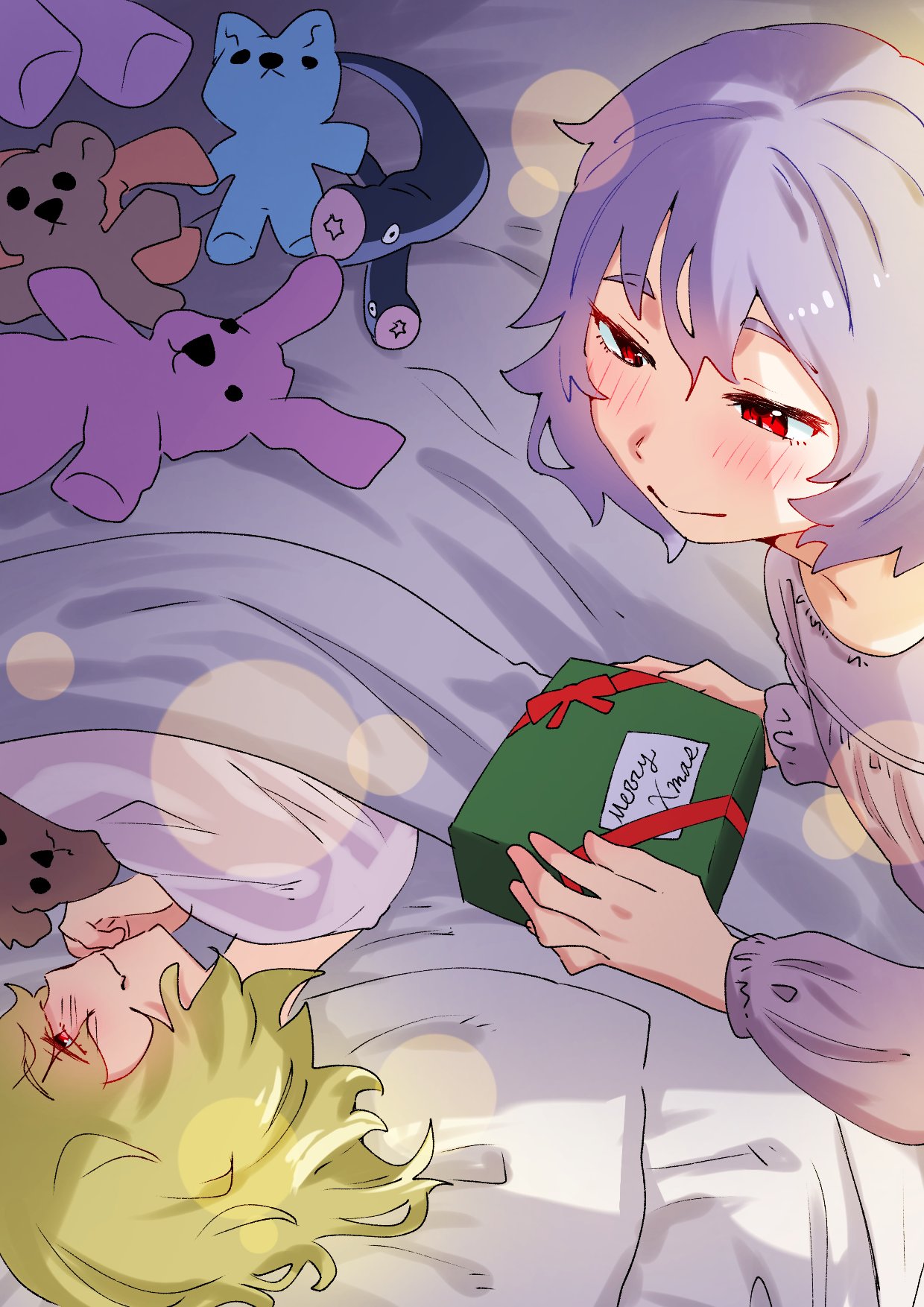 2girls blonde_hair commentary_request english_text feigning_sleep flandre_scarlet gift highres holding holding_gift lens_flare light_blush long_sleeves multiple_girls pillow purple_hair purple_shirt red_eyes red_ribbon remilia_scarlet ribbon shirt short_hair smile sobayu_to_tenpura stuffed_animal stuffed_toy teddy_bear touhou under_covers white_shirt