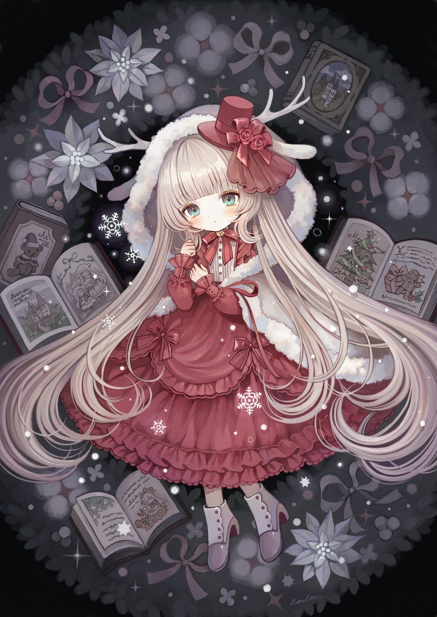 .live 1girl alternate_costume blunt_bangs blush book cape commentary_request dress flower full_body green_eyes hair_ornament highres hime_cut light_brown_hair long_hair looking_at_viewer merry_milk ribbon shirosaki_london snow solo very_long_hair virtual_youtuber