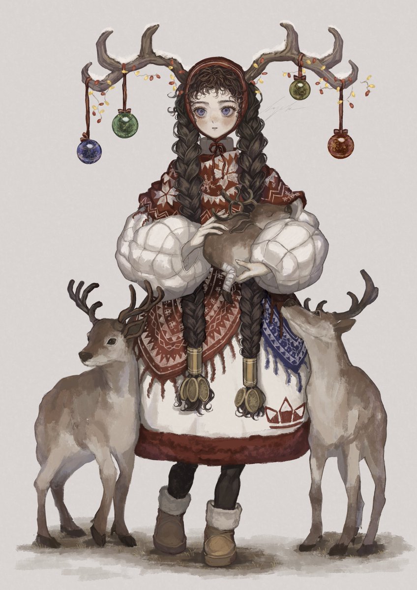 antlers boots braid brown_hair christmas christmas_ornaments coat green_eyes huion reindeer reindeer_antlers sayoko_(sayosny2) simple_background standing twin_braids twintails winter_clothes winter_coat