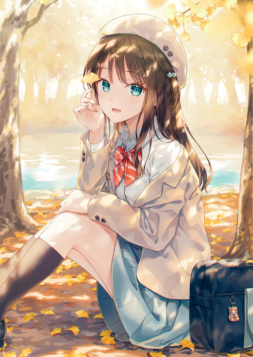 1girl autumn autumn_leaves beret black_bag black_socks blazer blue_eyes blue_skirt brown_hair collared_shirt commentary_request feet_out_of_frame hair_between_eyes hat head_rest highres hiten_(hitenkei) holding holding_leaf jacket knees_up leaf long_hair long_sleeves looking_at_viewer off_shoulder one_side_up open_clothes open_jacket open_mouth original outdoors river shirt sitting skirt smile socks solo tree white_headwear white_jacket white_shirt