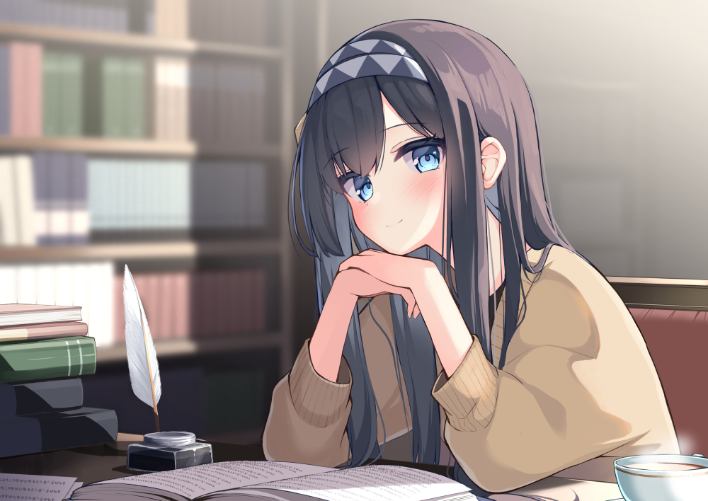 1girl black_hair blue_eyes blurry blurry_background book book_stack bookshelf brown_sweater closed_mouth commentary_request cup depth_of_field hairband hands_up inkwell long_hair long_sleeves looking_at_viewer mahoutsukai_rose_no_sado_life ominaeshi_(takenoko) own_hands_together puffy_long_sleeves puffy_sleeves quill rose_(mahoutsukai_rose_no_sado_life) smile solo steam sweater upper_body
