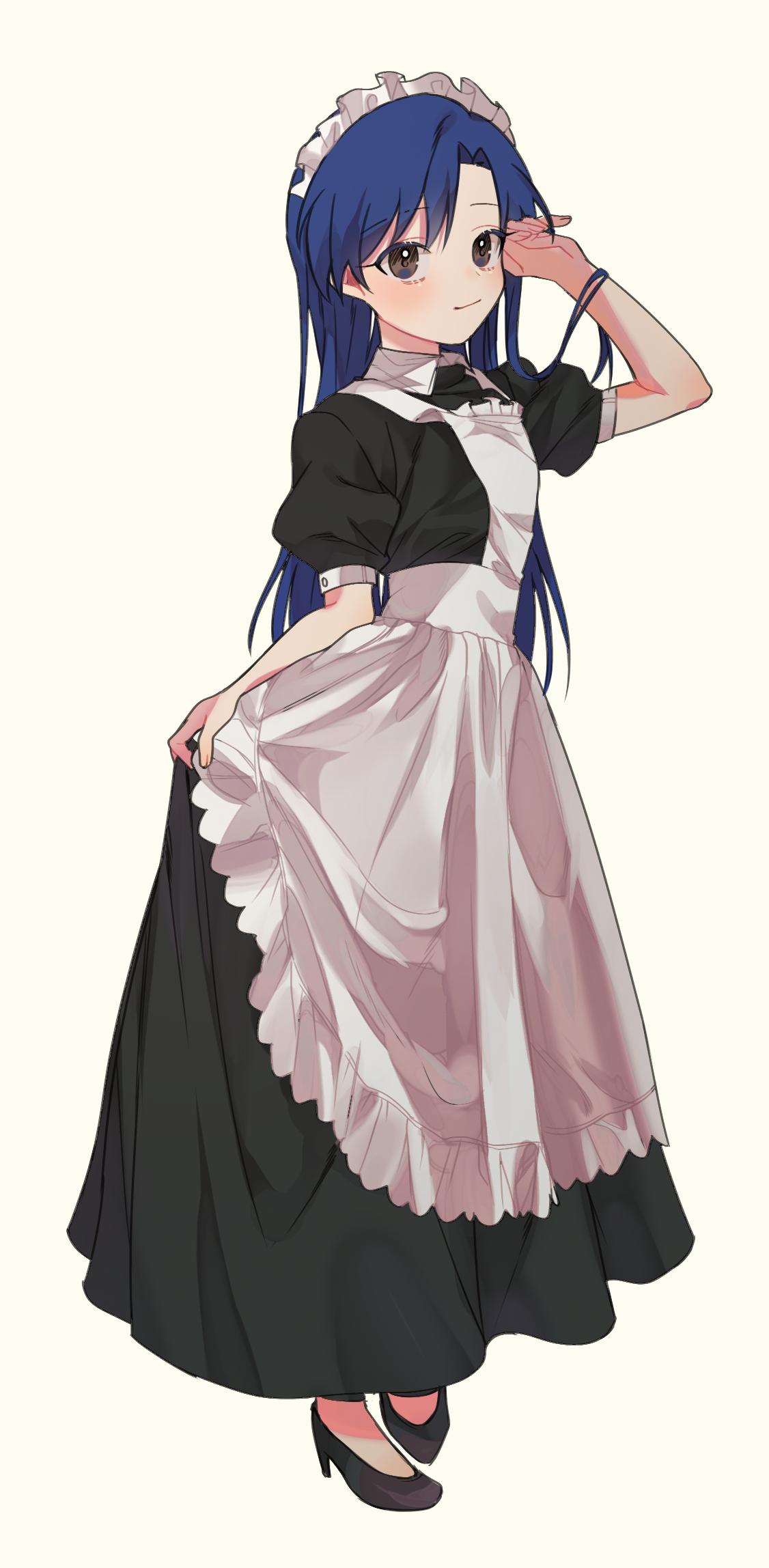 1girl apron black_dress black_footwear blue_hair blush brown_eyes closed_mouth dot_nose dress flat_chest frilled_apron frills full_body hand_up high_heels highres idolmaster idolmaster_(classic) idolmaster_million_live! idolmaster_million_live!_theater_days kisaragi_chihaya light_brown_background long_hair looking_at_viewer lunim_(roo_0_0) maid maid_apron maid_headdress puffy_short_sleeves puffy_sleeves short_sleeves simple_background skirt_hold smile solo standing white_apron