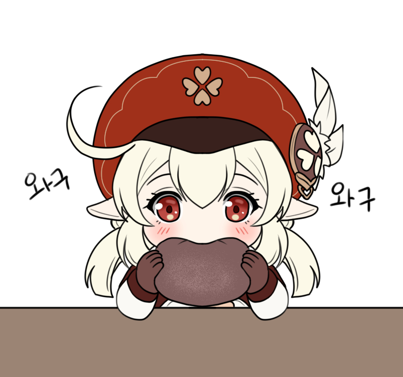 1girl appletea blonde_hair blush cabbie_hat chibi child clover_print eating feathers genshin_impact gloves hat klee_(genshin_impact) korean_text long_pointy_ears pointy_ears red_eyes simple_background single_hair_intake solo translation_request upper_body white_background