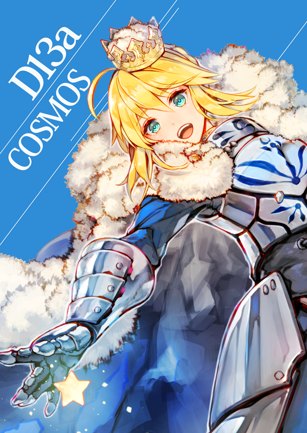 1girl ahoge armor armored_dress artoria_pendragon_(fate) black_corset blonde_hair blue_background blue_dress braid braided_bun breastplate cape corset crown dot_nose dress english_text fate/grand_order fate/stay_night fate_(series) faulds fur_cape gauntlets green_eyes hair_between_eyes hair_bun itou_misei long_sleeves looking_ahead mini_crown open_mouth outstretched_arm reaching saber_(fate) simple_background smile solo star_(symbol) teeth upper_body upper_teeth_only