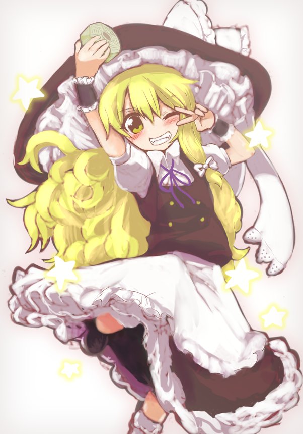 1girl apron arms_up black_vest blonde_hair bow braid commentary_request grin hat holding holding_weapon kirisame_marisa leg_up long_hair mini-hakkero mochi547 one-hour_drawing_challenge one_eye_closed puffy_short_sleeves puffy_sleeves purple_ribbon ribbon short_sleeves simple_background single_braid smile solo standing standing_on_one_leg star_(symbol) touhou v very_long_hair vest waist_apron weapon white_apron white_background witch_hat yellow_eyes