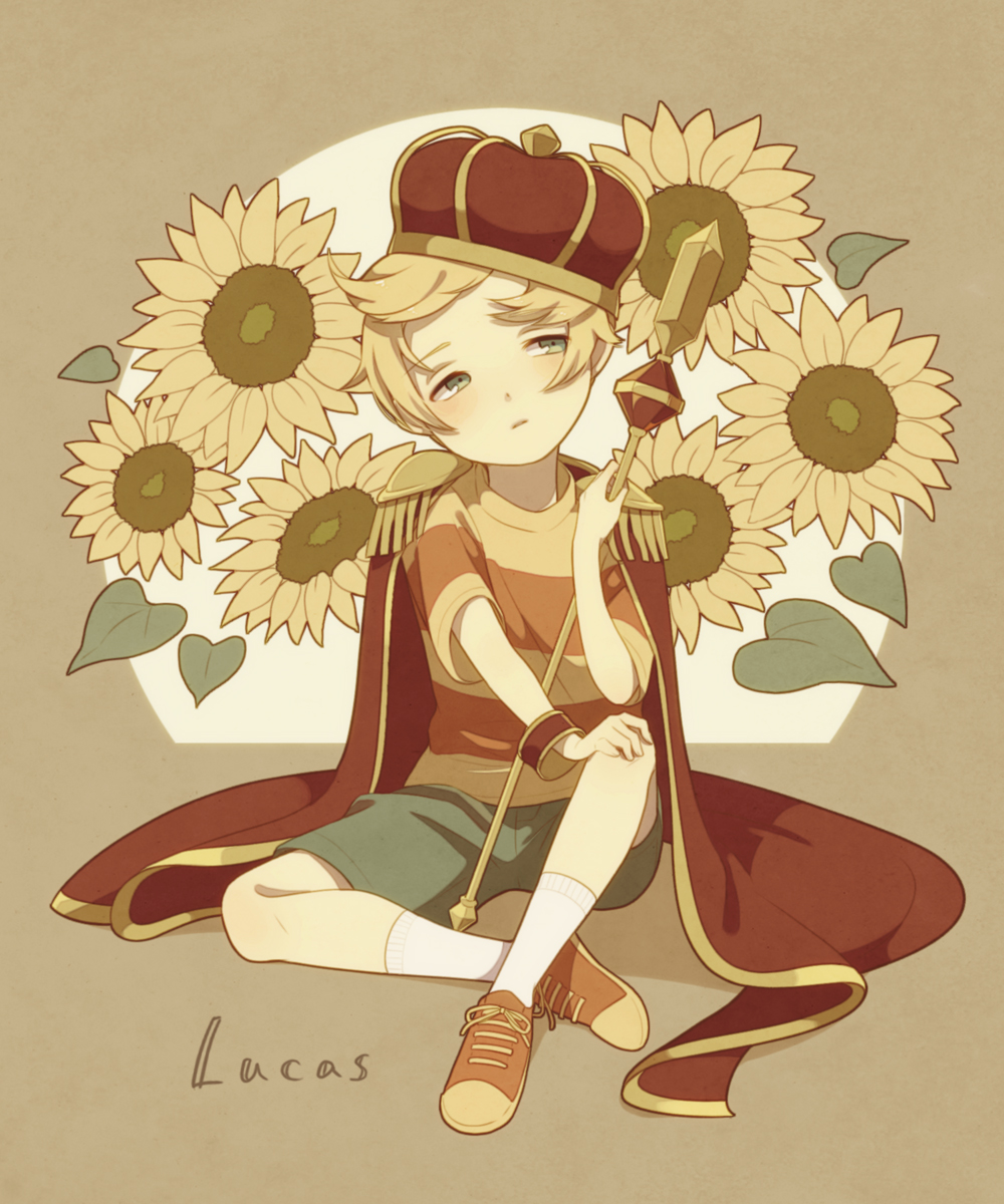 1boy blonde_hair blush brown_background cape character_name crown flower grey_eyes grey_shorts hand_on_own_knee highres holding holding_scepter knee_up lucas_(mother_3) male_focus mother_(game) mother_3 parted_lips red_cape scepter shifumame shirt short_hair shorts sitting socks solo striped striped_shirt sunflower white_socks