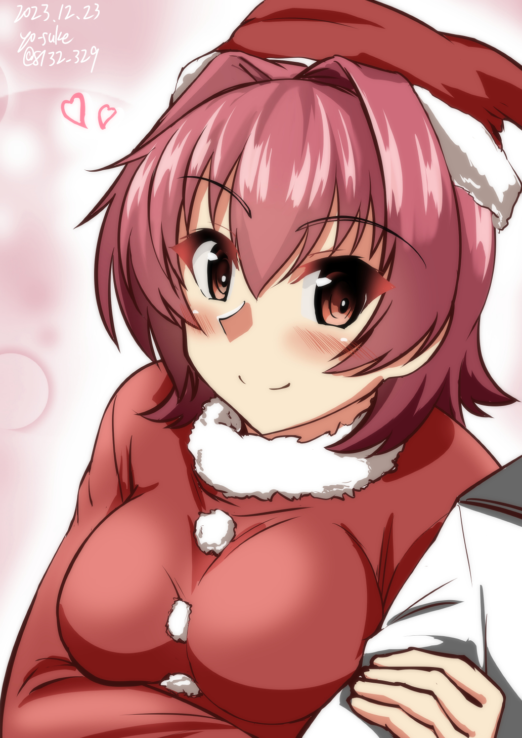 1boy 1girl arm_hug artist_name breasts brown_eyes dated fur-trimmed_headwear fur-trimmed_shirt fur_trim hair_intakes hat highres kantai_collection kinu_(kancolle) medium_breasts official_alternate_costume one-hour_drawing_challenge red_headwear red_shirt redhead santa_hat shirt short_hair smile twitter_username yo-suke
