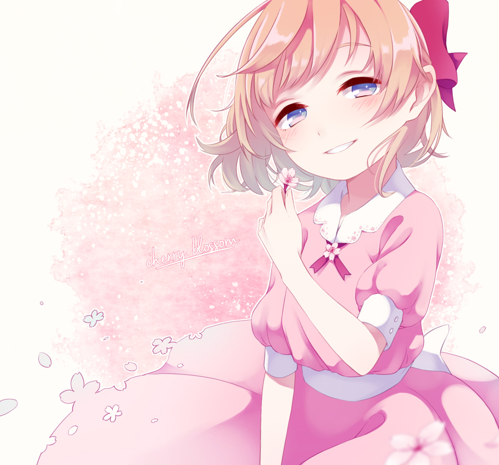 1girl blue_eyes blush bow brown_hair cherry_blossoms dress flower hair_bow holding holding_flower looking_at_viewer mother_(game) mother_2 parted_lips paula_(mother_2) pink_dress pink_flower pink_ribbon puffy_short_sleeves puffy_sleeves red_bow ribbon shifumame short_hair short_sleeves solo