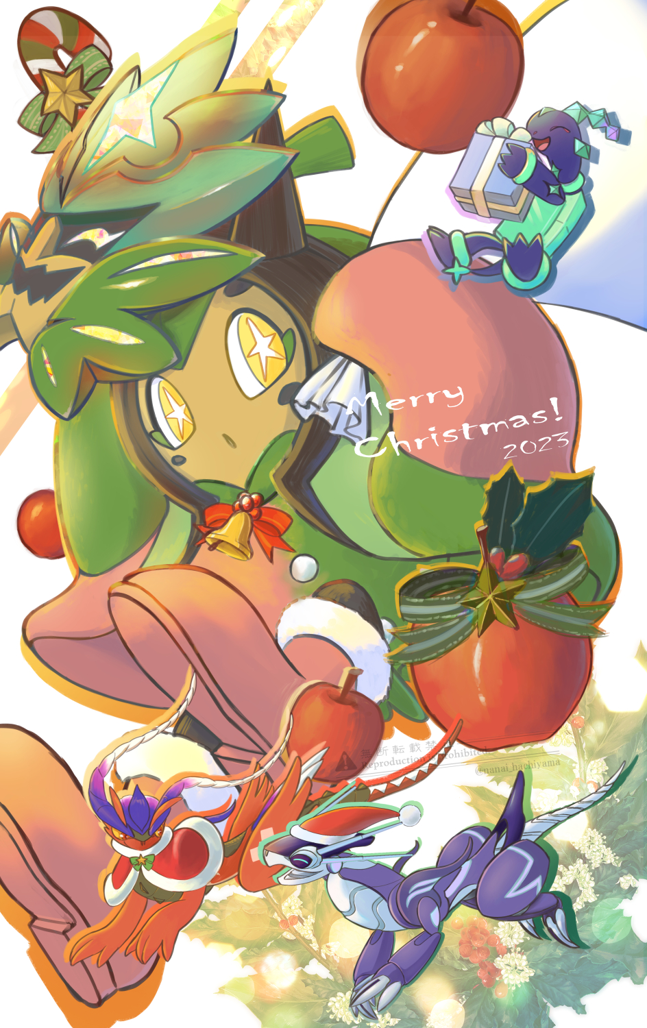 2023 :o apple bell box candy candy_cane christmas commentary_request food fruit gift gift_box highres holding koraidon looking_to_the_side merry_christmas miraidon nanai_hachiyama no_humans ogerpon parted_lips pokemon pokemon_(creature) shoes star-shaped_pupils star_(symbol) symbol-shaped_pupils terapagos yellow_eyes