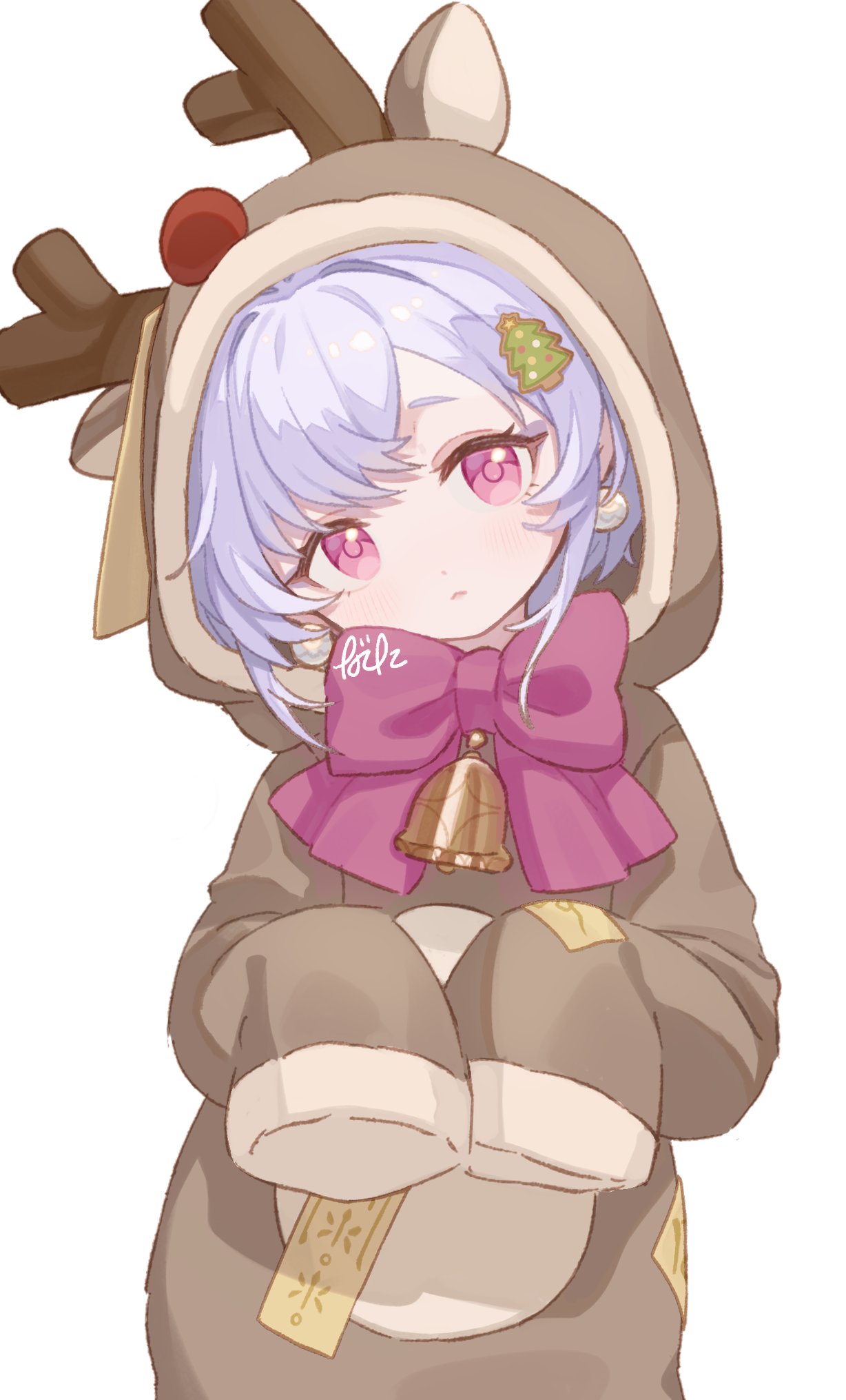 1girl 750x077 alternate_costume animal_costume animal_ears animal_hood antlers bell bow bowtie christmas_tree_hair_ornament closed_mouth deer_ears earrings fake_antlers genshin_impact hair_ornament hands_up head_tilt highres hood jewelry large_bow light_blush looking_at_viewer neck_bell ofuda ofuda_on_clothes ofuda_on_head purple_hair qiqi_(genshin_impact) red_bow red_bowtie red_nose reindeer_antlers reindeer_costume reindeer_hood signature sleeves_past_fingers sleeves_past_wrists solo stud_earrings violet_eyes white_background