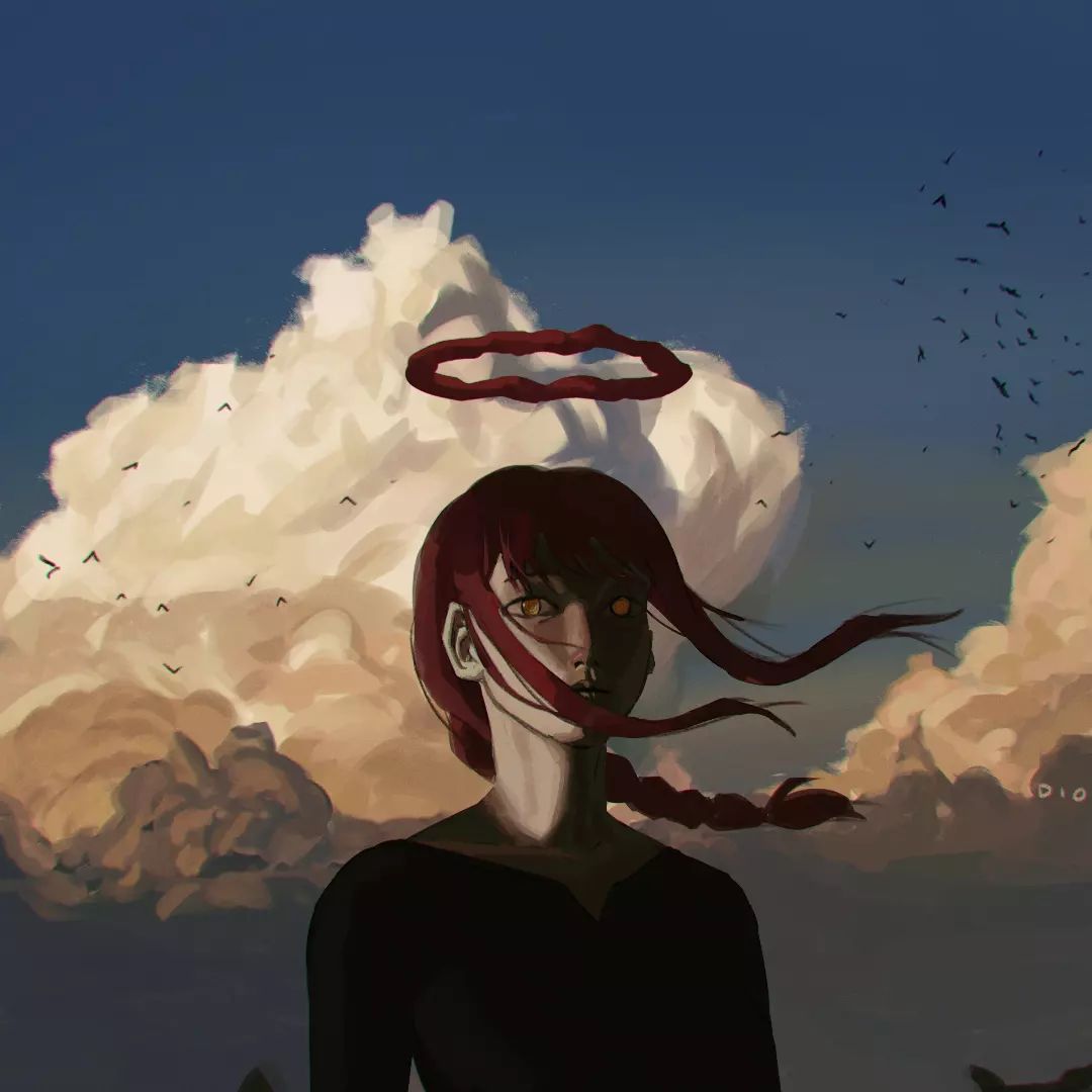 1girl artist_request bird black_shirt blood_halo braid braided_ponytail chainsaw_man closed_mouth clouds cloudy_sky diolexcuzeme halo long_hair looking_at_viewer makima_(chainsaw_man) redhead ringed_eyes shirt sidelocks signature sky solo yellow_eyes
