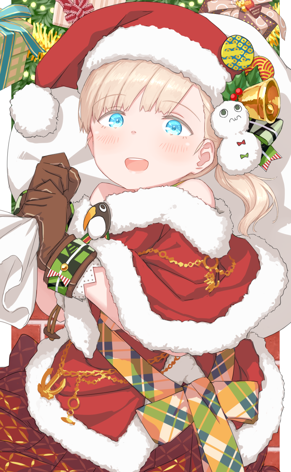 1girl alternate_costume blonde_hair blue_eyes blunt_bangs brown_gloves capelet christmas fur-trimmed_capelet fur-trimmed_headwear fur_trim gift gloves hat hayashi_naoharu highres holding holding_sack kantai_collection long_hair open_mouth red_capelet red_headwear round_teeth sack santa_costume santa_hat shin'you_(kancolle) side_ponytail solo teeth textless_version upper_teeth_only