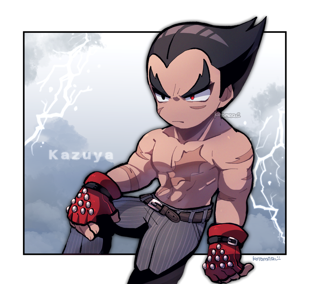 1boy abs belt black_belt black_eyes black_hair closed_mouth electricity gloves grey_pants heterochromia invisible_chair kotorai male_focus mishima_kazuya navel no_nose pants pectorals red_eyes red_gloves scar scar_on_arm scar_on_cheek scar_on_chest scar_on_face signature sitting solo studded_gloves tekken thick_eyebrows toned toned_male topless_male v-shaped_eyebrows