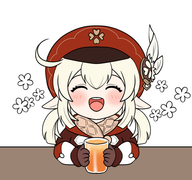 1girl appletea blonde_hair blush brown_gloves cabbie_hat chibi child closed_eyes clover_print feathers genshin_impact gloves happy hat holding klee_(genshin_impact) open_mouth orange_juice pointy_ears simple_background single_hair_intake solo teeth upper_body upper_teeth_only white_background