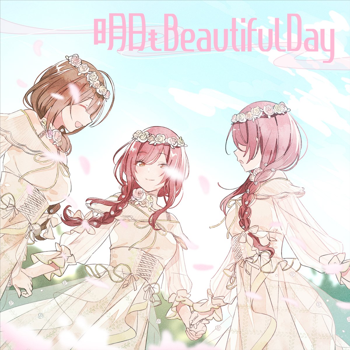 3girls ahoge alstroemeria_(idolmaster) blue_sky blush braid braided_ponytail breasts brown_hair closed_eyes closed_mouth clouds cloudy_sky corset day dress flower flower_wreath hair_flower hair_ornament hair_over_shoulder head_wreath highres huge_ahoge idolmaster idolmaster_shiny_colors idolmaster_shiny_colors_song_for_prism kuwayama_chiyuki large_breasts long_braid long_hair long_sleeves looking_at_another medium_breasts multiple_girls official_alternate_costume official_alternate_hairstyle official_art open_mouth osaki_amana osaki_tenka outdoors petals redhead see-through see-through_sleeves siblings single_braid sisters sky smile swept_bangs twins white_dress white_flower yellow_eyes