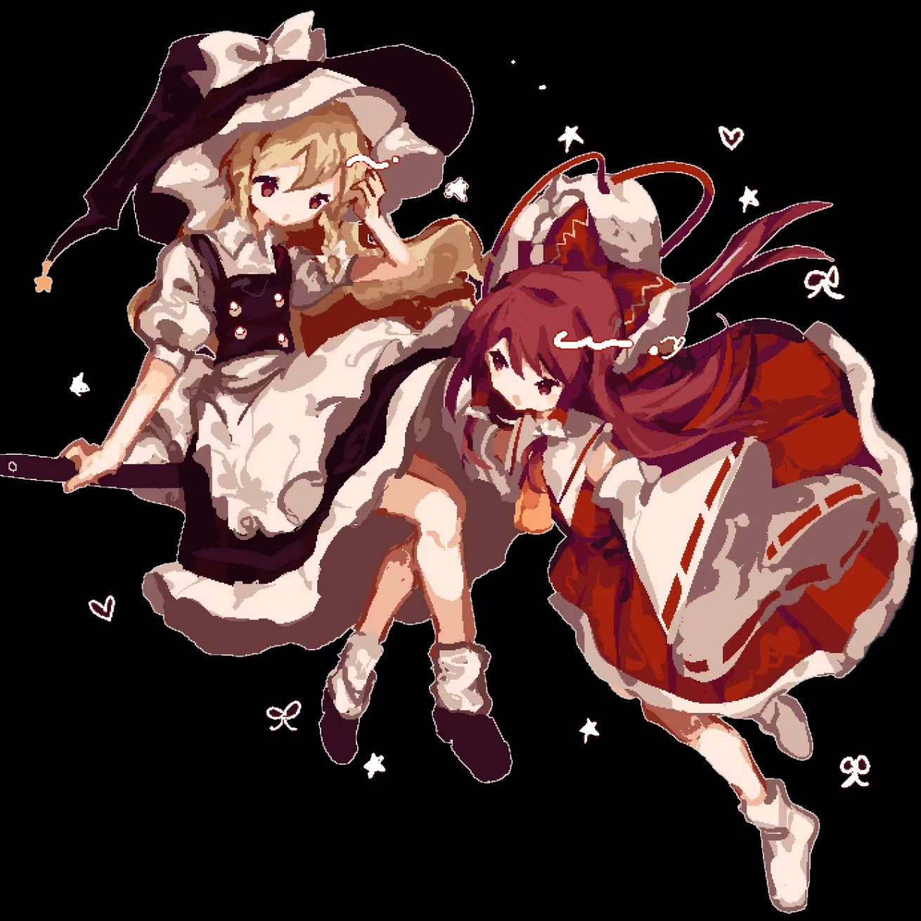 2girls :o apron ascot black_background black_headwear black_skirt black_vest blonde_hair bow braid broom broom_riding collared_shirt detached_sleeves floating floating_hair frilled_bow frilled_hair_tubes frilled_skirt frills hair_bow hair_tubes hakurei_reimu hand_on_own_head hat hat_bow heart highres kirisame_marisa long_hair looking_at_another loose_socks maid multiple_girls no_shoes pixel_art puffy_short_sleeves puffy_sleeves red_eyes red_skirt redhead ribbon-trimmed_sleeves ribbon_trim rrrssr shirt short_sleeves single_braid skirt sleeveless sleeveless_shirt socks star_(symbol) touhou very_long_hair vest waist_apron white_bow white_socks wide_sleeves witch_hat yellow_ascot