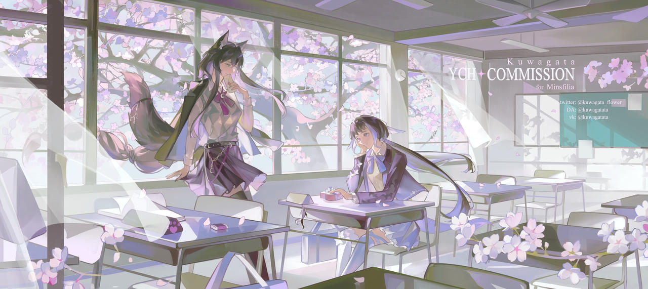 2girls animal_ear_request animal_ears artist_name belt black_belt black_jacket black_thighhighs bow bowtie box brown_hair ceiling_fan chain chair chalkboard classroom coattails collared_shirt commentary commission commissioner_name curtains day desk deviantart_username english_commentary english_text envelope feet_out_of_frame flower frilled_skirt frills heart-shaped_box holding holding_box holding_envelope indoors jacket jacket_on_shoulders kuwagatata long_hair looking_at_another love_letter low-tied_long_hair low_twintails miniskirt multicolored_hair multiple_girls open_clothes open_jacket original pink_bow pink_bowtie pleated_skirt plum_blossoms purple_bow purple_bowtie purple_flower purple_hair purple_jacket purple_skirt school_desk school_uniform shirt sitting skirt spring_(season) streaked_hair studded_belt tail thigh-highs tree twintails twitter_username very_long_hair white_shirt white_thighhighs window wolf_ears wolf_tail yuri