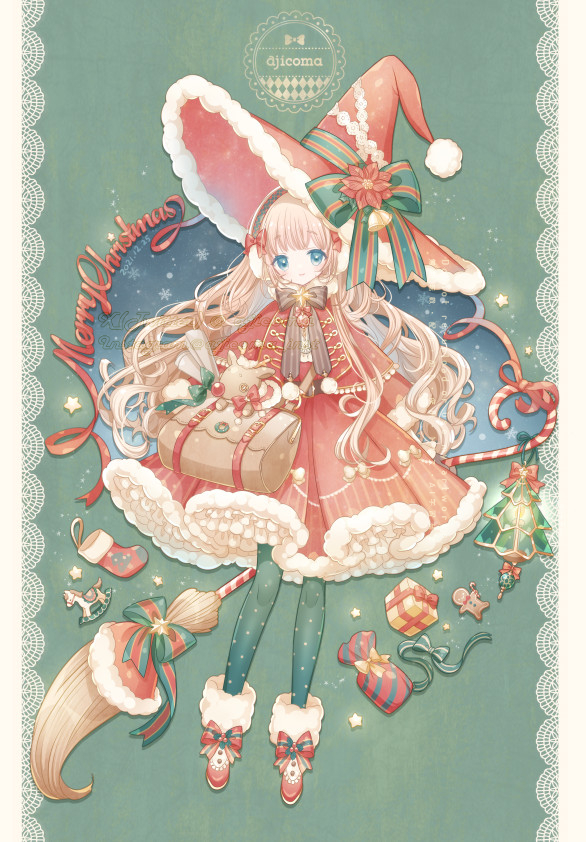 1girl ajicoma artist_name blonde_hair blue_eyes boots box broom brown_bag candy candy_cane christmas christmas_stocking christmas_tree commentary dress earmuffs food full_body fur-trimmed_boots fur-trimmed_headwear fur_trim gift gift_bag gift_box gingerbread_man green_background green_pantyhose hat holding holding_broom long_hair long_sleeves looking_at_viewer merry_christmas original pantyhose red_dress red_footwear reindeer smile solo standing star_(symbol) symbol-only_commentary very_long_hair wavy_hair witch witch_hat