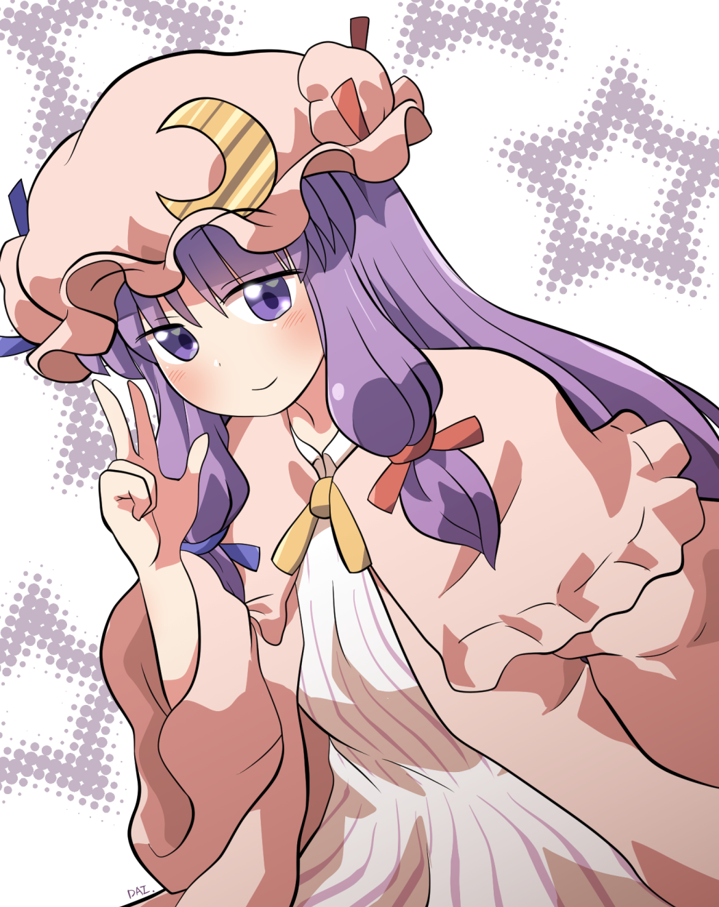 1girl blue_ribbon blunt_bangs blush bun_cover capelet commentary crescent crescent_hat_ornament double_bun dress frilled_capelet frills hair_bun hair_ribbon hat hat_ornament hat_ribbon highres long_hair looking_at_viewer mob_cap patchouli_knowledge pink_capelet pink_headwear pink_robe purple_hair red_ribbon ribbon robe rokugou_daisuke sidelocks smile solo starry_background striped striped_dress touhou upper_body v vertical-striped_dress vertical_stripes violet_eyes white_background white_dress yellow_ribbon