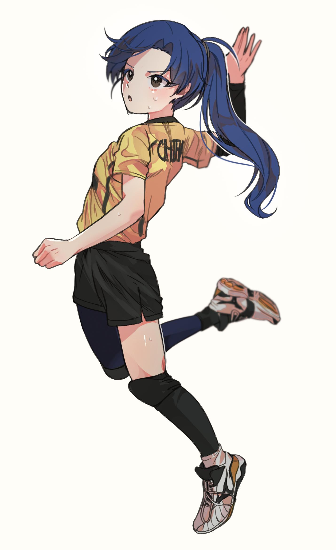 1girl alternate_hairstyle arm_up black_shorts black_socks blue_hair blue_pajamas blurry blush brown_eyes depth_of_field flat_chest from_side full_body hair_tie highres idolmaster idolmaster_(classic) idolmaster_million_live! idolmaster_million_live!_theater_days jumping kisaragi_chihaya leg_up light_brown_background long_hair looking_at_another lunim_(roo_0_0) open_hand open_mouth pajamas ponytail shirt shoes short_sleeves shorts side_slit side_slit_shorts simple_background single_leg_pantyhose single_sock sneakers socks solo sweat volleyball white_footwear yellow_shirt