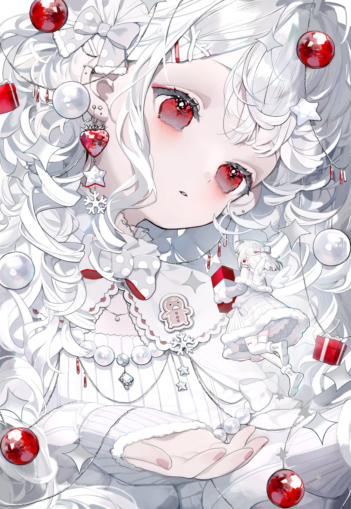 1girl box christmas curly_hair earrings gift gift_box hair_ornament highres jewelry karohroka loli necklace pearl_necklace red_eyes white_hair