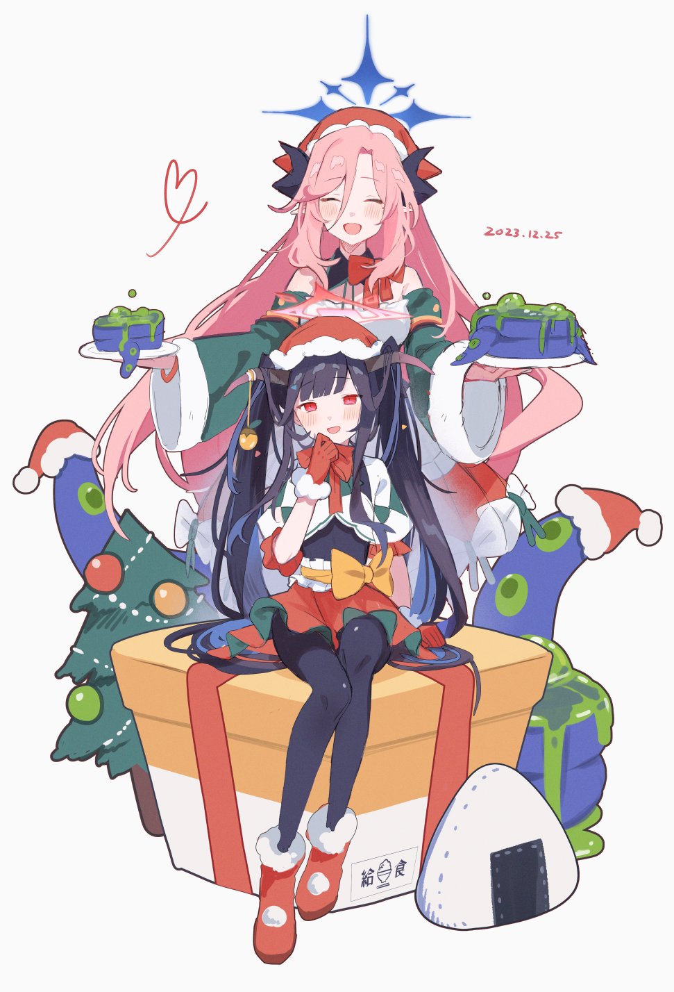 2girls bad_food black_hair black_horns black_pantyhose blue_archive blue_halo blush bow bowtie box christmas christmas_tree closed_eyes dated demon_horns fuuka_(blue_archive) gift gift_box gloves halo heart highres holding holding_plate horns juri_(blue_archive) long_hair long_sleeves multiple_girls nuudoru open_mouth pantyhose pink_hair plate red_bow red_bowtie red_eyes red_gloves red_halo red_skirt simple_background sitting skirt smile twintails white_background wide_sleeves yellow_bow