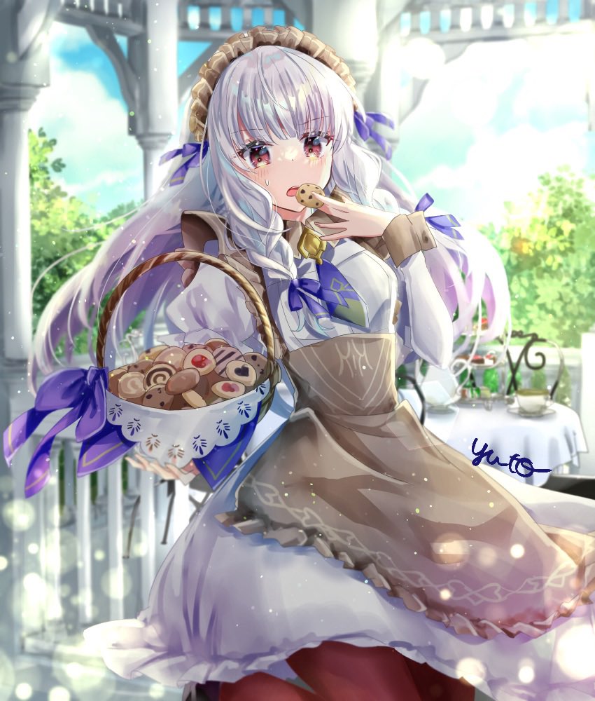 1girl apron basket blue_ribbon blue_sky brown_apron brown_wrist_cuffs chocolate_chip_cookie clouds cookie cup day dress fire_emblem fire_emblem:_three_houses fire_emblem_heroes food hair_ribbon hand_up holding holding_basket holding_food leg_up light_particles long_hair lysithea_von_ordelia lysithea_von_ordelia_(tea_party) maid_headdress open_mouth outdoors pantyhose pillar pink_eyes red_pantyhose ribbon saucer sky solo table tablecloth teacup teapot teeth upper_teeth_only white_dress white_hair wrist_cuffs yuyu_(spika)