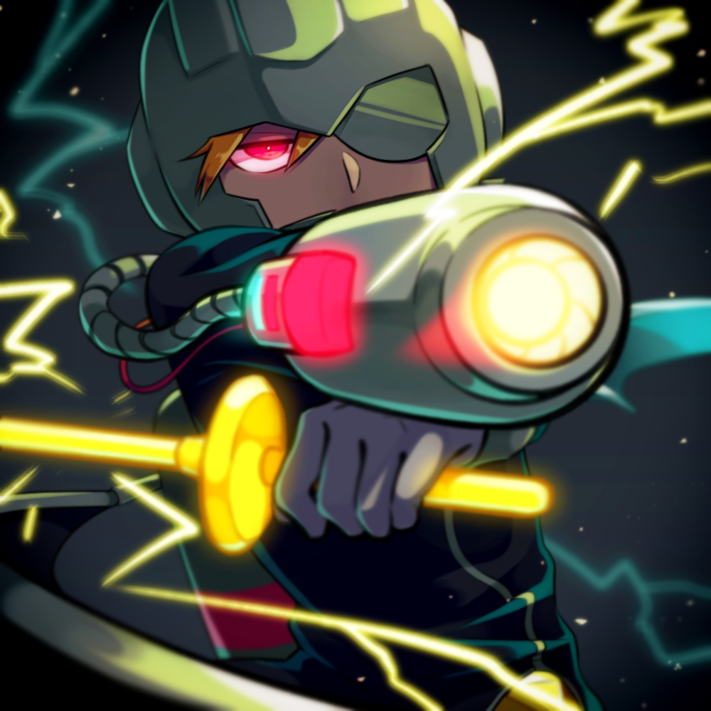 1boy arm_cannon black_jacket blurry cable depth_of_field electricity fighting_stance glowing glowing_eyes helmet holding holding_sword holding_weapon jacket male_focus masked_man_(mother_3) mother_(game) mother_3 one_eye_covered orange_hair red_eyes shifumame solo sword weapon