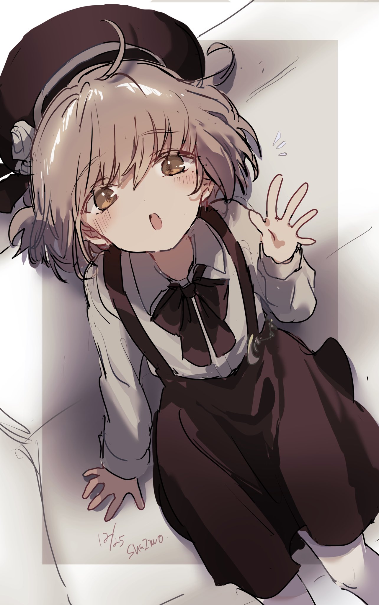 1girl ahoge beret black_headwear black_ribbon black_skirt blush border brown_eyes brown_hair collared_shirt commentary dated dot_nose feet_out_of_frame flower from_above hat hat_flower hat_ribbon hatoba_tsugu highres leaning_back long_sleeves looking_at_viewer looking_up medium_hair medium_skirt mole mole_under_eye neck_ribbon notice_lines open_mouth pantyhose raised_eyebrows ribbon rose sha2mo shirt shirt_tucked_in signature sitting skirt solo suspender_skirt suspenders tsugu_(vtuber) white_flower white_pantyhose white_rose white_shirt