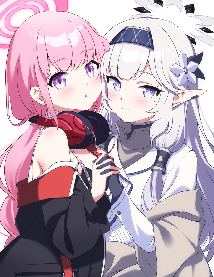2girls bikini black_bikini black_gloves black_hairband blue_archive breasts buta_(dhakaoat) closed_mouth ear_piercing eimi_(blue_archive) flower gloves grey_hair hair_flower hair_ornament hairband halo headphones headphones_around_neck himari_(blue_archive) holding_hands jacket large_breasts long_hair long_sleeves looking_at_viewer mole mole_under_eye multiple_girls open_clothes open_jacket piercing pink_hair pink_halo pointy_ears simple_background smile swimsuit violet_eyes white_background