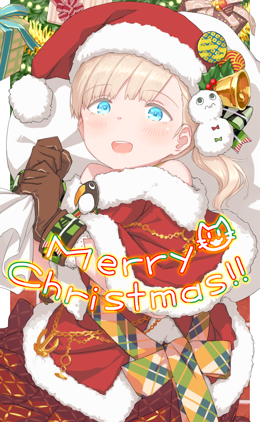1girl alternate_costume blonde_hair blue_eyes blunt_bangs brown_gloves capelet christmas english_text fur-trimmed_capelet fur-trimmed_headwear fur_trim gift gloves hat hayashi_naoharu highres holding holding_sack kantai_collection long_hair merry_christmas open_mouth red_capelet red_headwear round_teeth sack santa_costume santa_hat shin'you_(kancolle) side_ponytail solo teeth upper_teeth_only