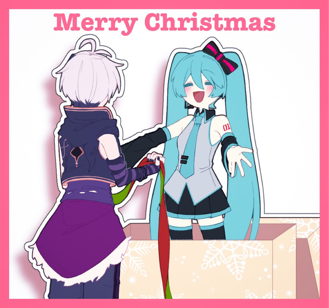 2girls aqua_hair aqua_necktie arm_warmers bare_shoulders black_bow black_skirt black_sleeves black_thighhighs blush border bow box closed_eyes commentary detached_sleeves drop_shadow flower_(vocaloid) flower_(vocaloid4) from_behind fur-trimmed_skirt fur_trim grey_shirt hair_bow hatsune_miku headset holding holding_ribbon hood hooded_jacket in_box in_container jacket kazuse616 long_hair looking_at_another merry_christmas miniskirt multiple_girls necktie open_mouth outstretched_arms pink_border pleated_skirt purple_arm_warmers purple_hair purple_jacket purple_nails purple_shirt purple_shorts ribbon shirt short_hair shorts shoulder_tattoo skirt sleeveless sleeveless_jacket sleeveless_shirt smile snowflake_print standing striped striped_arm_warmers striped_bow symbol-only_commentary tattoo thigh-highs twintails very_long_hair vocaloid white_background white_hair zettai_ryouiki