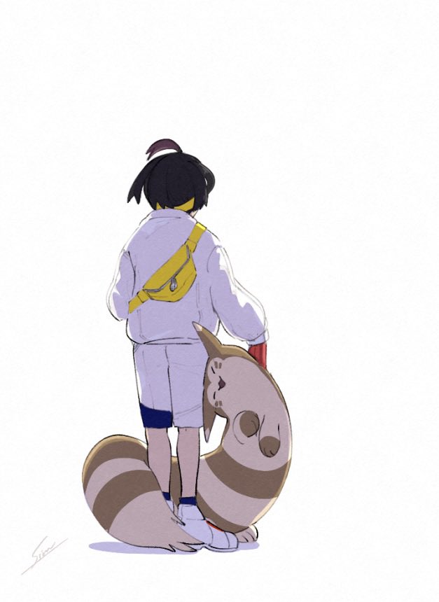 1boy ahoge black_hair brown_fur closed_eyes commentary from_behind full_body furret jacket kieran_(pokemon) pokemon pokemon_(creature) pokemon_sv shoes short_hair shorts simon_(kabo_chips) simple_background smile tail two-tone_fur white_background white_footwear white_fur white_jacket white_shorts