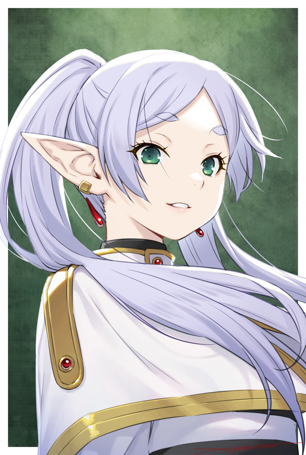 1girl capelet commentary_request earrings elf frieren green_eyes grey_hair highres jacket jewelry kazuma_muramasa light_smile long_hair parted_bangs parted_lips pointy_ears short_eyebrows solo sousou_no_frieren twintails upper_body white_capelet white_jacket