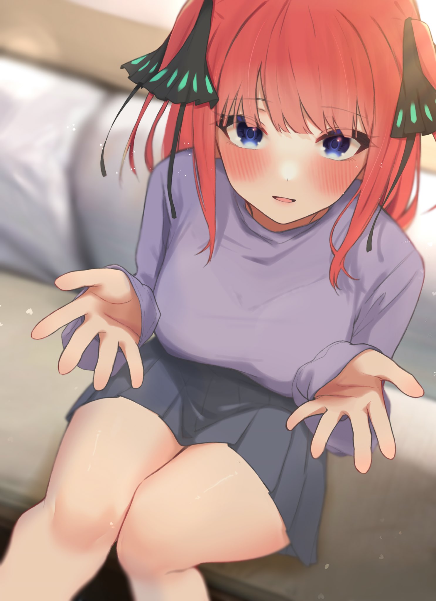 1girl black_skirt blue_eyes blunt_bangs blurry blurry_background blush breasts butterfly_hair_ornament casual commentary_request eyelashes eyes_visible_through_hair feet_out_of_frame from_above go-toubun_no_hanayome hair_ornament heart highres incoming_hug indoors kakato_0 large_breasts looking_at_viewer medium_hair miniskirt nakano_nino open_hands open_mouth pleated_skirt purple_shirt redhead shirt sitting skirt sleeves_past_wrists smile solo thighs tsurime two_side_up