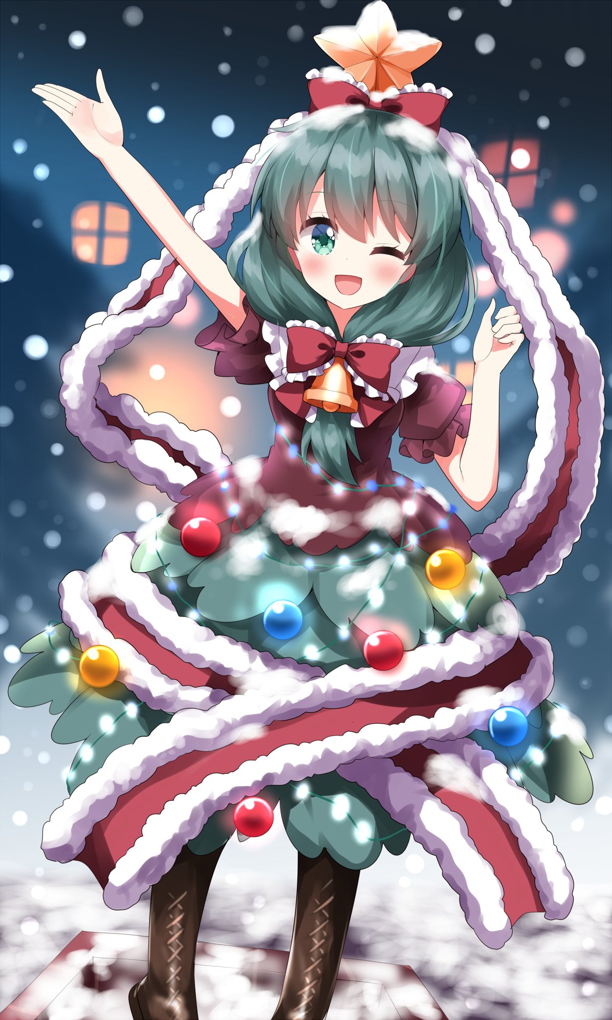 1girl aqua_eyes blurry blurry_background boots bow brown_footwear christmas_lights christmas_tree frilled_bow frilled_ribbon frills front_ponytail green_hair hair_bow hair_ribbon hand_up highres kagiyama_hina long_ribbon looking_at_viewer one_eye_closed open_mouth outdoors puffy_short_sleeves puffy_sleeves red_bow ribbon ruu_(tksymkw) santa_costume short_sleeves smile snowing solo touhou winter