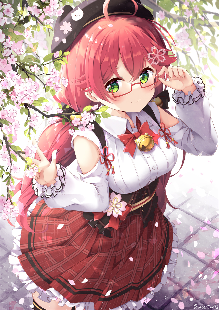 1girl adjusting_eyewear ahoge bell beret bespectacled black_headwear blush bow bowtie cherry_blossoms closed_mouth clothing_cutout commentary_request cowboy_shot flower glasses green_eyes hand_up hat highres hololive jingle_bell long_hair looking_at_viewer niwasane_(saneatsu03) official_alternate_costume pink_flower pink_hair plaid plaid_skirt rectangular_eyewear red_bow red_bowtie red_skirt sakura_miko sakura_miko_(3rd_costume) shirt shoulder_cutout skirt smile solo virtual_youtuber white_shirt