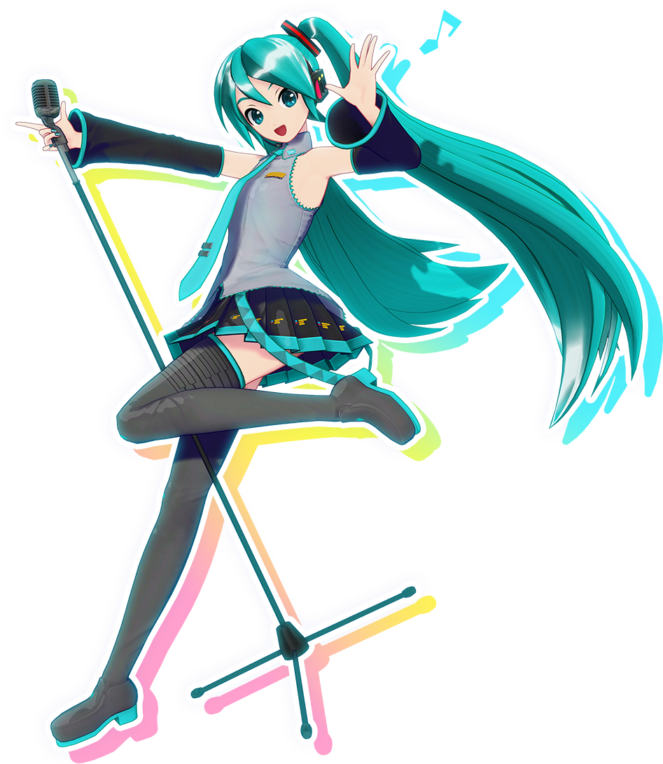 1girl 3d aqua_eyes aqua_hair aqua_nails aqua_necktie armpits black_thighhighs collar detached_sleeves flat_chest grey_shirt hair_between_eyes hatsune_miku holding holding_microphone_stand long_hair looking_at_viewer microphone microphone_stand miniskirt multicolored_clothes multicolored_footwear multicolored_skirt musical_note necktie official_art open_mouth outstretched_arm pleated_skirt project_diva_(series) shirt simple_background skirt sleeveless sleeveless_shirt solo standing standing_on_one_leg thigh-highs thighs transparent_background twintails very_long_hair vocaloid waving wide_sleeves zettai_ryouiki