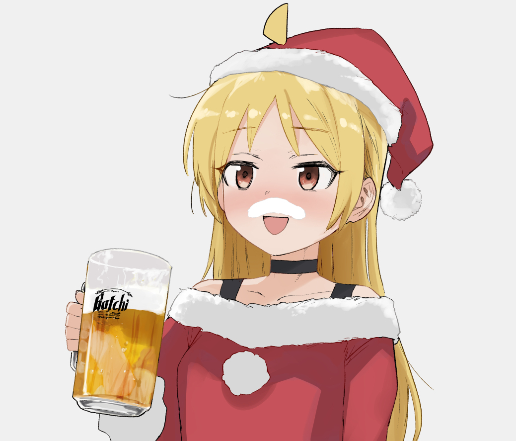 1girl ahoge alcohol beer beer_mug blonde_hair blush bocchi_the_rock! breasts brown_eyes choker cup detached_ahoge dress foam_mustache grey_background hat holding holding_cup ijichi_seika long_hair mug nose_blush off-shoulder_dress off_shoulder open_mouth pom_pom_(clothes) red_dress sadamatsu_ryuuichi santa_costume santa_hat sidelocks simple_background small_breasts smile solo upper_body