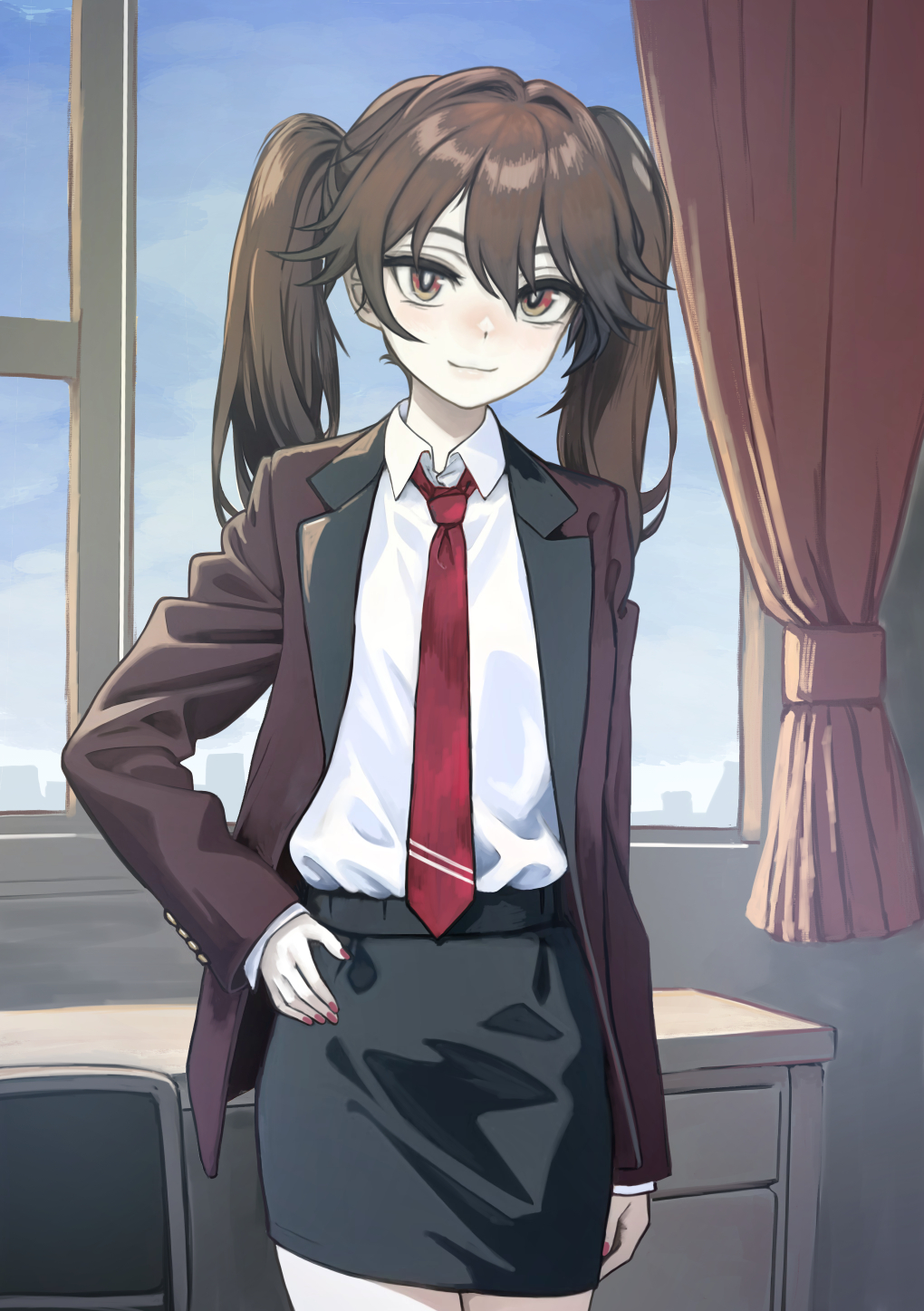 alternate_costume black_skirt brown_eyes brown_hair brown_jacket brown_suit chair collared_shirt curtains desk hair_between_eyes hand_on_own_hip highres jacket kantai_collection long_hair necktie nito_(nshtntr) pencil_skirt red_nails red_necktie ryuujou_(kancolle) shirt skirt suit twintails white_shirt window