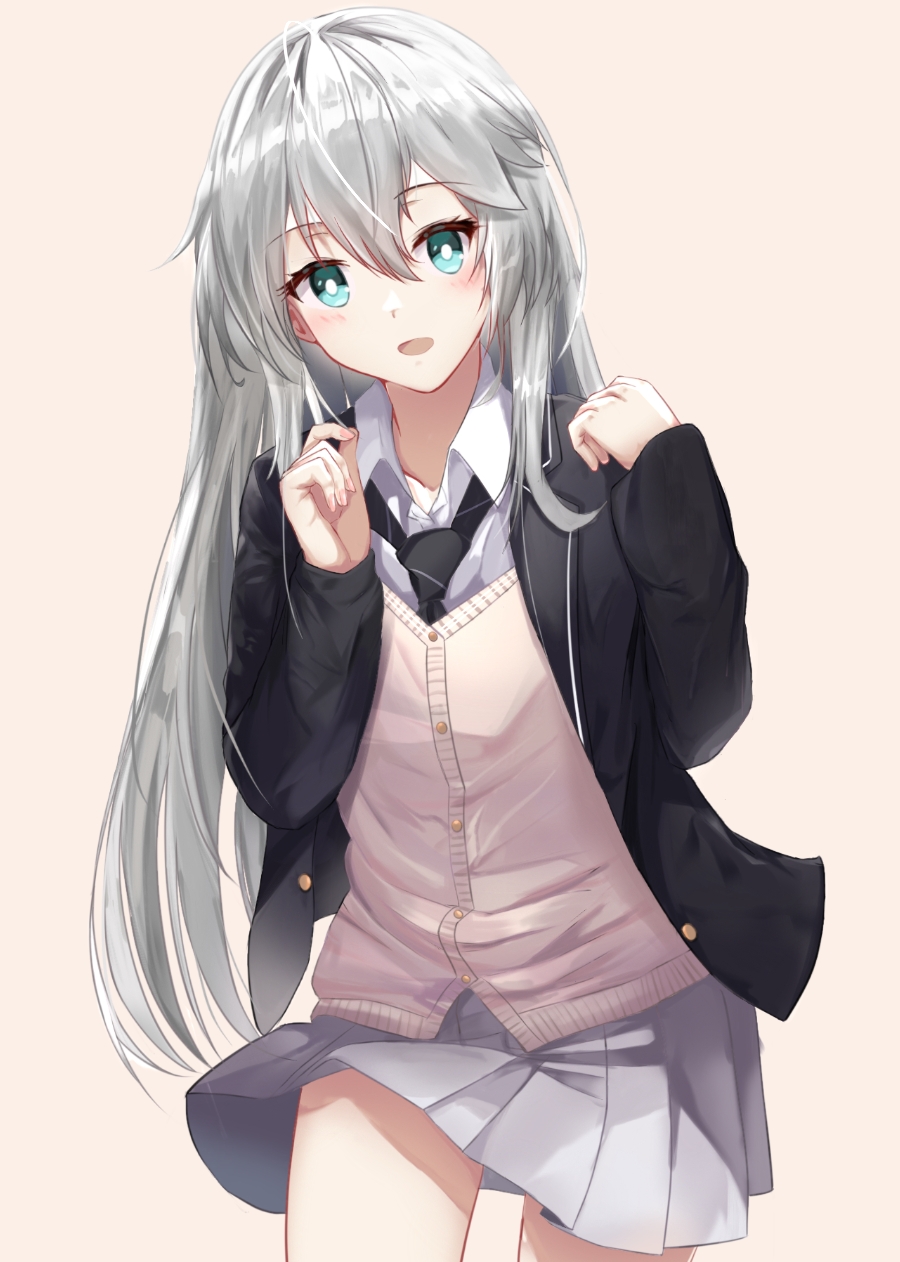 1girl :d black_jacket black_necktie brown_background brown_cardigan cardigan collared_shirt copyright_request green_eyes grey_hair grey_skirt hair_between_eyes hands_up highres jacket leaning_forward long_sleeves long_wuxian necktie open_clothes open_jacket pleated_skirt puffy_long_sleeves puffy_sleeves school_uniform shirt simple_background skirt sleeves_past_wrists smile solo white_shirt