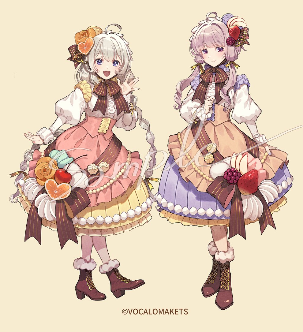 2girls \||/ ahoge alternate_costume apple apple_slice arm_at_side boots braid brown_ribbon bubble_skirt center_frills cherico cherry chin_strap closed_mouth copyright_notice corset dress flower food food-themed_hair_ornament frilled_dress frills fruit full_body fur-trimmed_boots fur_trim gem grapes grey_hair hair_intakes hair_ornament hair_ribbon hand_up headdress high_heel_boots high_heels juliet_sleeves kizuna_akari layered_dress long_hair long_sleeves looking_at_viewer low_twin_braids matching_outfits multiple_girls official_art open_mouth orange_(fruit) orange_corset orange_flower orange_rose orange_slice pearl_(gemstone) pink_corset pinstripe_ribbon puffy_sleeves purple_hair ribbon rose sample_watermark shirt short_hair_with_long_locks simple_background skirt skirt_hold smile standing standing_on_one_leg strawberry twin_braids underbust violet_eyes vocaloid voiceroid watermark waving white_shirt yellow_background yuzuki_yukari