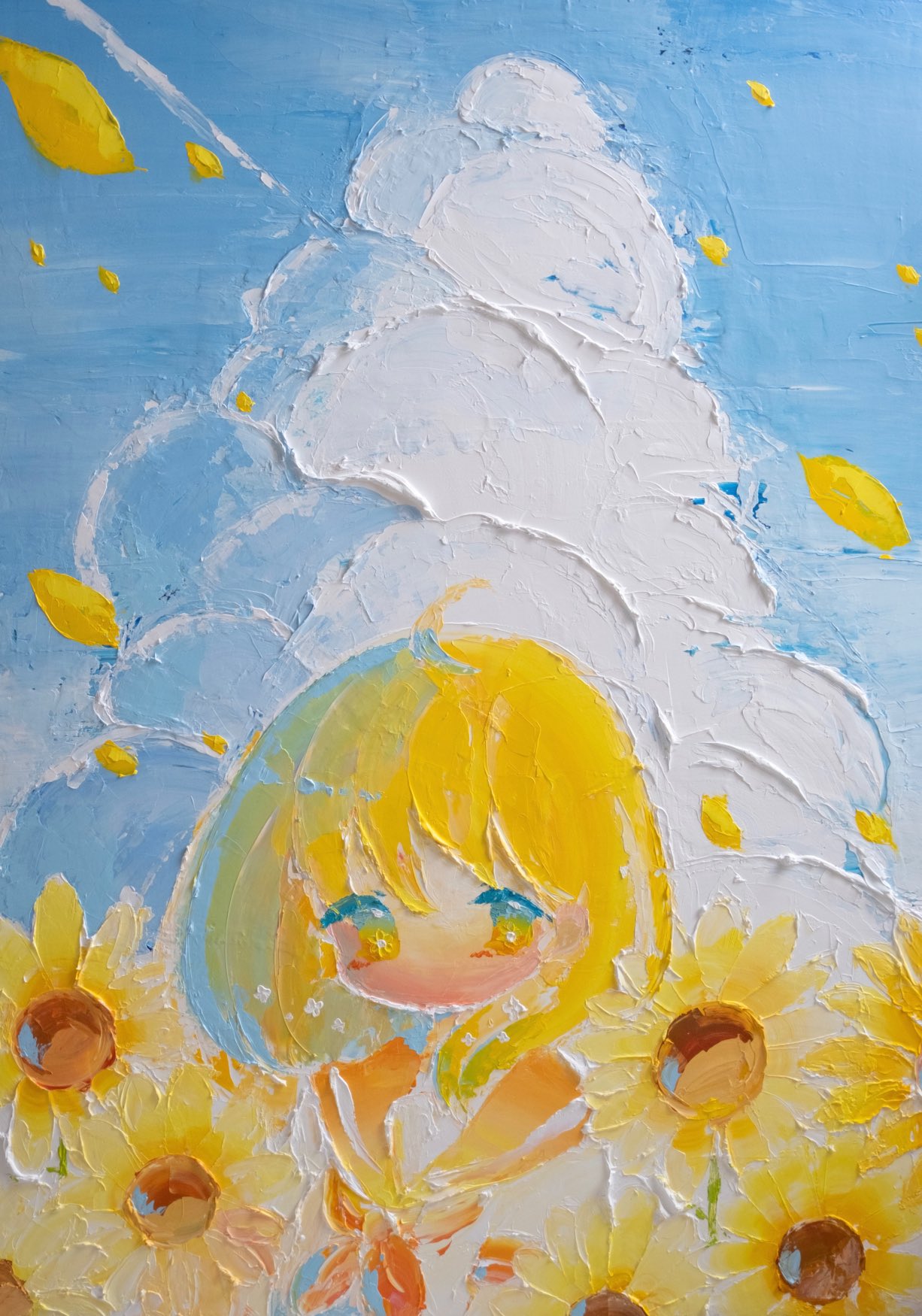 1girl acrylic_paint_(medium) ahoge blonde_hair blue_sky clouds commentary_request cumulonimbus_cloud day english_commentary falling_petals flower flower_in_eye highres impasto looking_at_viewer medium_hair mixed-language_commentary neckerchief no_mouth no_nose no_sclera oda_mifuu oil_painting_(medium) orange_neckerchief orange_sailor_collar original outdoors painting_(medium) petals sailor_collar school_uniform serafuku shirt short_sleeves sky solo sunflower symbol_in_eye traditional_media white_shirt wind yellow_eyes yellow_flower