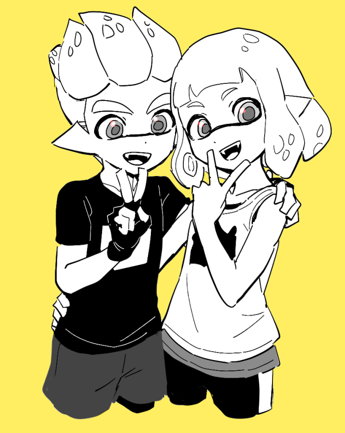 1boy 1girl cropped_legs dede_(qwea_00000) fingerless_gloves gloves greyscale_with_colored_background inkling inkling_boy inkling_girl looking_at_viewer open_mouth pointy_ears shirt sleeveless sleeveless_shirt smile splatoon_(series) splatoon_2 tentacle_hair v yellow_background