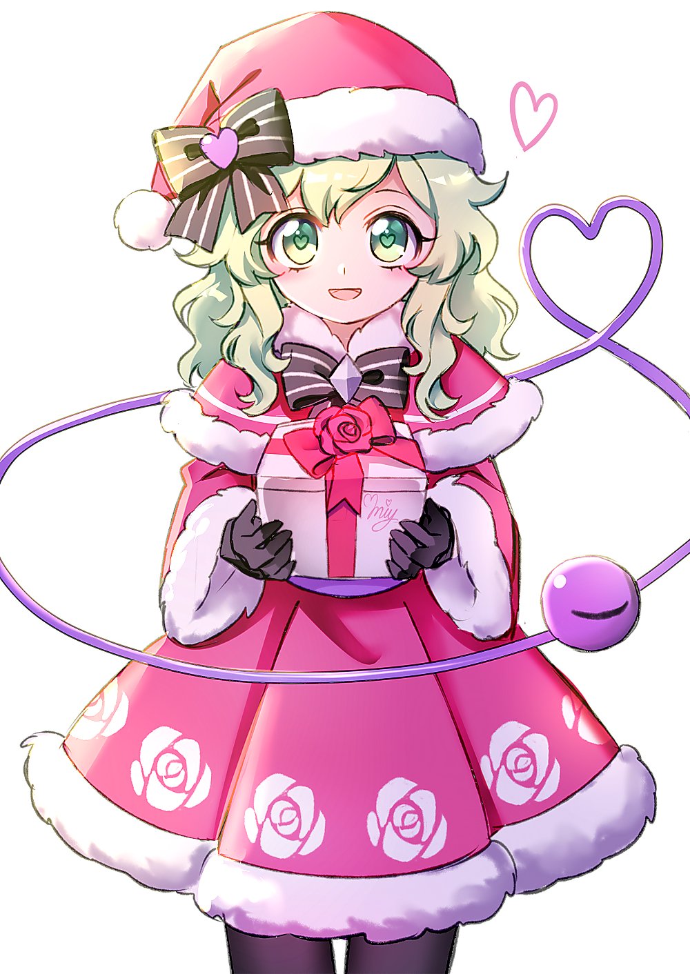 1girl :d black_bow black_gloves bow capelet commentary_request floral_print fur_trim gift gloves green_eyes green_hair hat heart heart-shaped_pupils heart_of_string highres holding holding_gift komeiji_koishi long_sleeves looking_at_viewer medium_hair miy_001 open_mouth red_capelet red_headwear rose_print santa_costume santa_hat simple_background smile solo symbol-shaped_pupils third_eye touhou white_background