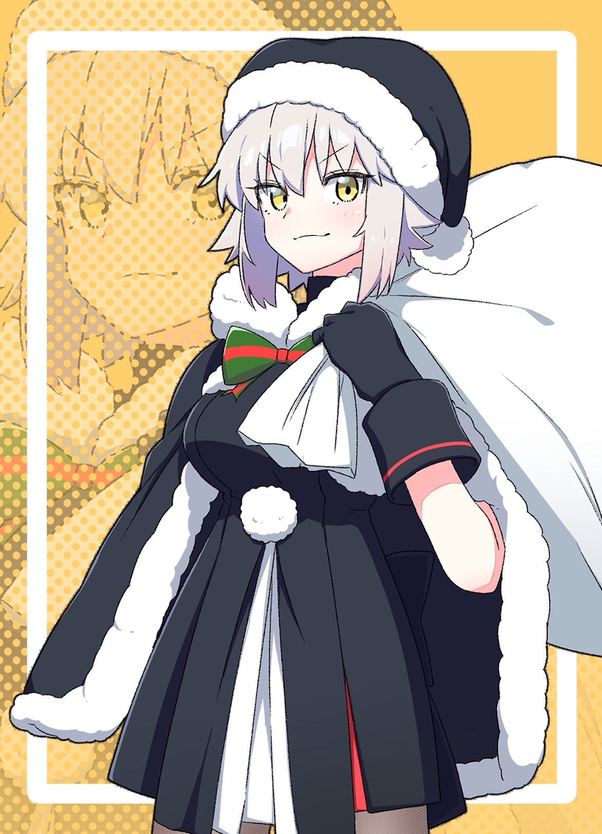 1girl alternate_costume artoria_pendragon_(fate) black_cape black_dress black_gloves black_headwear bow bowtie brown_pantyhose cape christmas closed_mouth commentary_request cosplay dress fate/grand_order fate_(series) fur-trimmed_cape fur-trimmed_headwear fur_trim gloves hair_between_eyes hat highres holding holding_sack jeanne_d'arc_alter_(fate) looking_at_viewer nonoitou110 pantyhose saber_alter sack santa_alter santa_alter_(cosplay) santa_costume santa_hat short_hair sleeveless sleeveless_dress smile solo yellow_background yellow_eyes