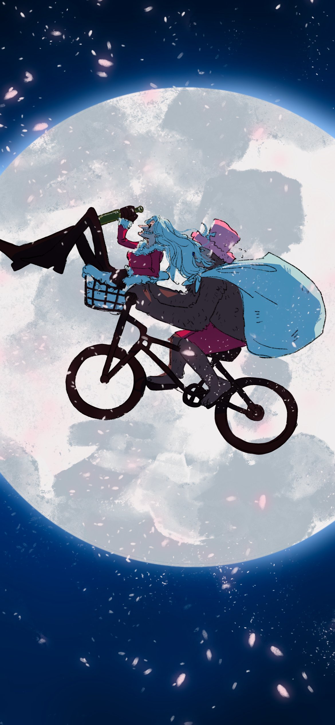 1boy 1girl absurdres bag bicycle bottle brown_fur cherry_blossoms dr._kureha falling_petals fengcheche flying from_side full_body full_moon fur-trimmed_jacket fur_trim glasses highres holding holding_bottle jacket moon moon_background night old old_woman one_piece petals pink_headwear pink_shorts reindeer riding riding_bicycle shorts sitting smile tony_tony_chopper white_hair
