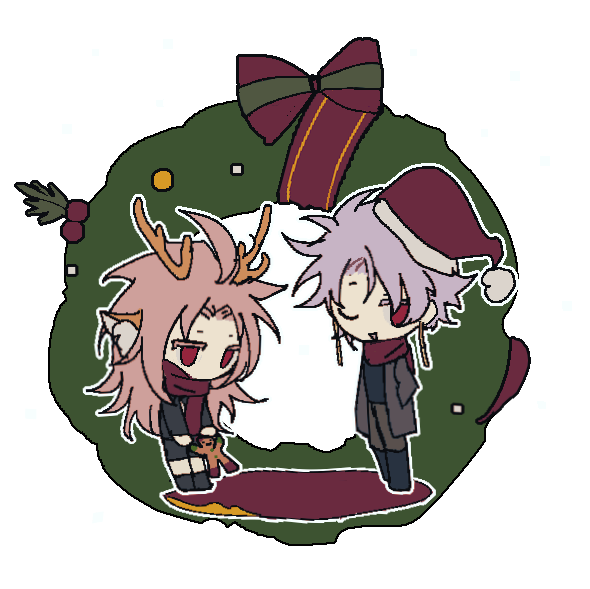 2boys ahoge animal_ears black_shirt black_shorts brown_pants chibi christmas_wreath coat colored_eyelashes deer_ears earrings fake_animal_ears fake_antlers gingerbread_man grey_coat hands_in_pockets hat hatsutori_hajime jewelry jitome lian843665 long_sleeves male_focus multiple_boys no_mouth no_nose one_eye_closed open_clothes open_coat open_mouth pants pink_hair purple_hair red_eyes red_headwear saibou_shinkyoku santa_hat shirt shorts simple_background smile theodore_riddle transparent_background wreath
